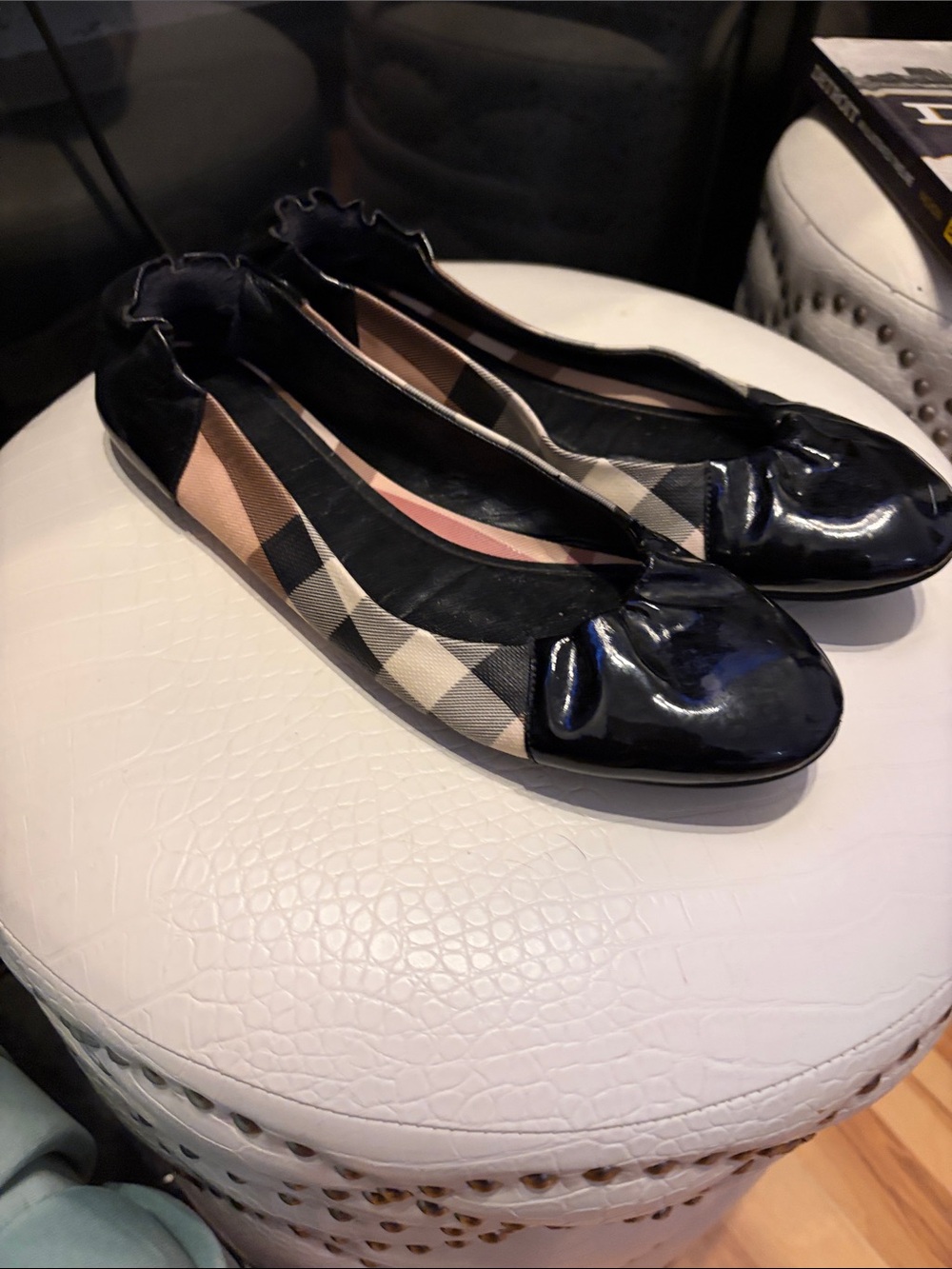 Burberry Black Patent & Beige Plaid Ballet Flats